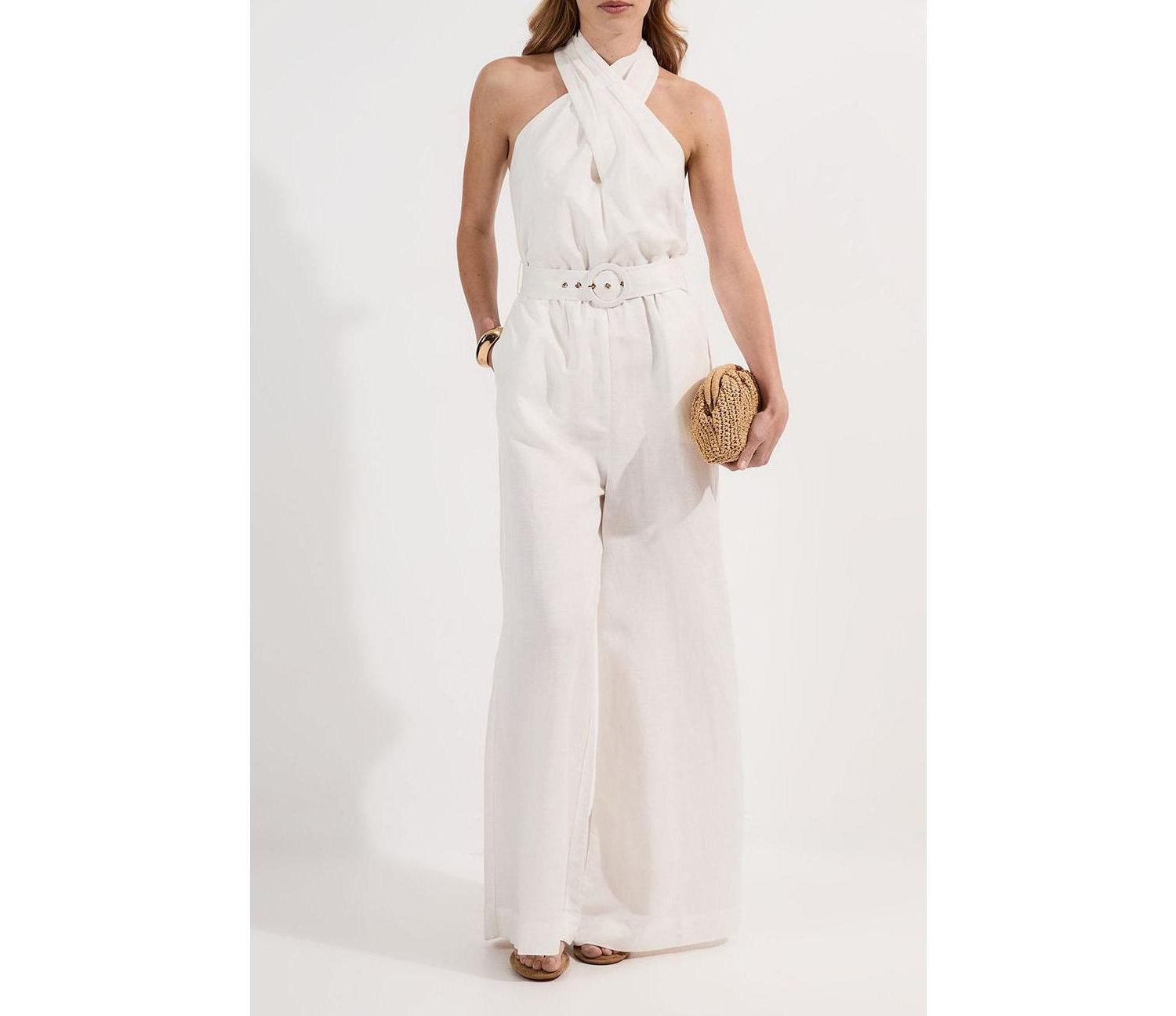 Women's Linen Blend Wide Leg Belted Jumpsuit