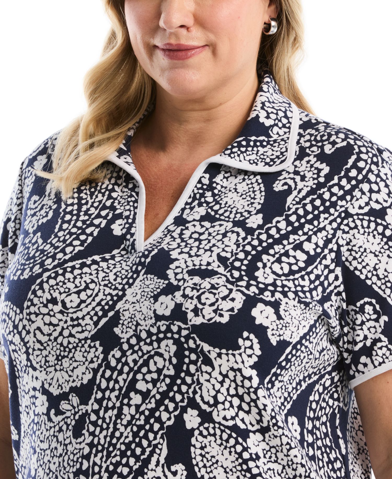 Plus Size Paisley Print Contrast Trim Johnny Collar Short-Sleeve Polo Shirt