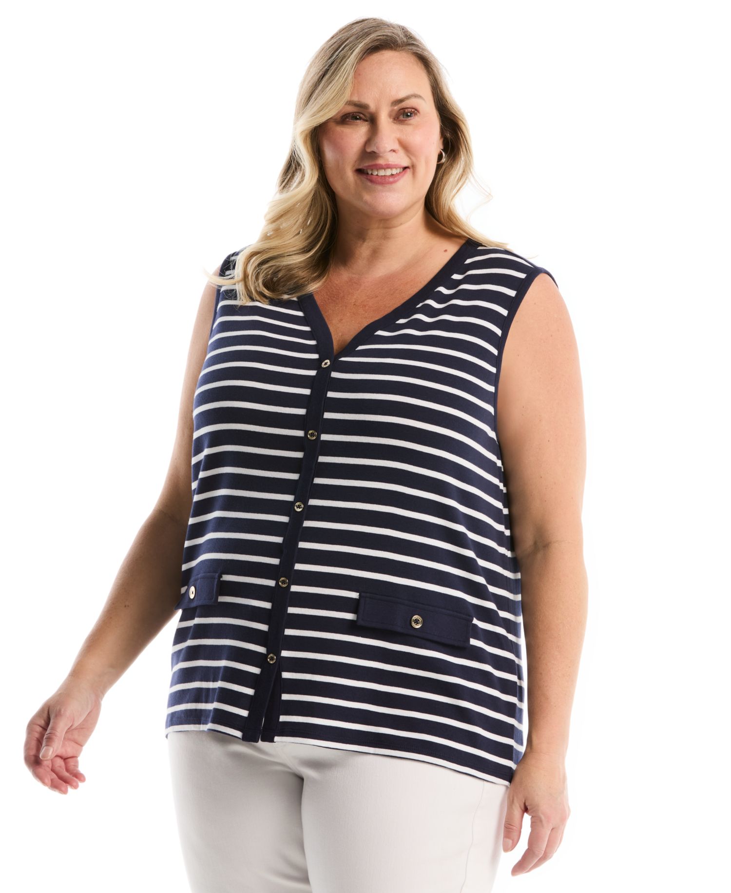 Plus Size Striped Button-Front Sleeveless Tank Top