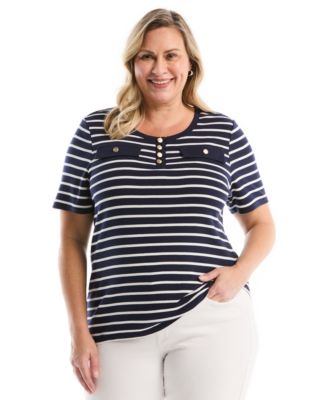 Plus Size Striped Welt Pocket Button Detail Short-Sleeve Top
