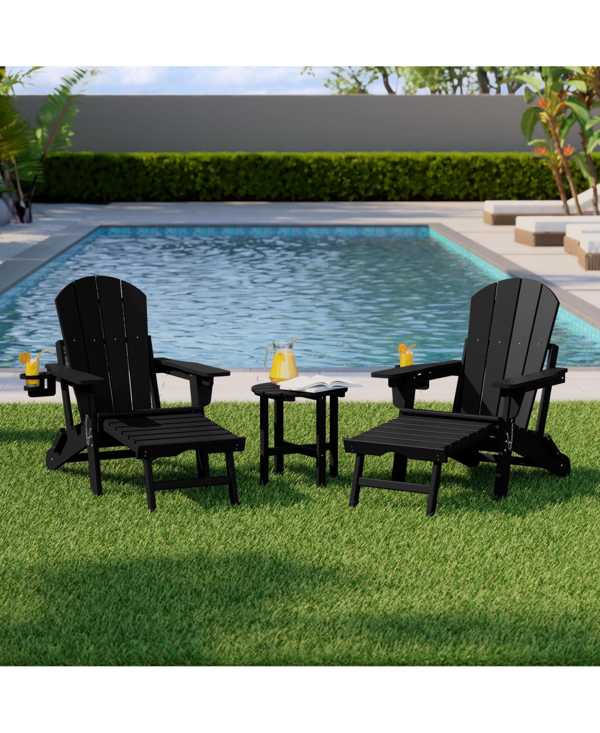 WestinTrends -Piece Outdoor Folding Adjustable Adirondack Chair with Cup Holder and Hideaway Ottoman 18" Side Table