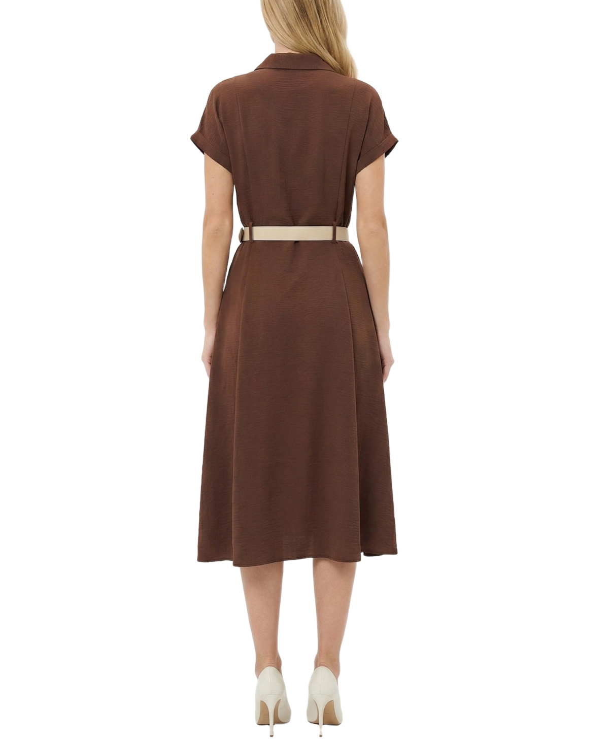 Ny Collection Petite Short Sleeve Button Front Belted A-Line Dress