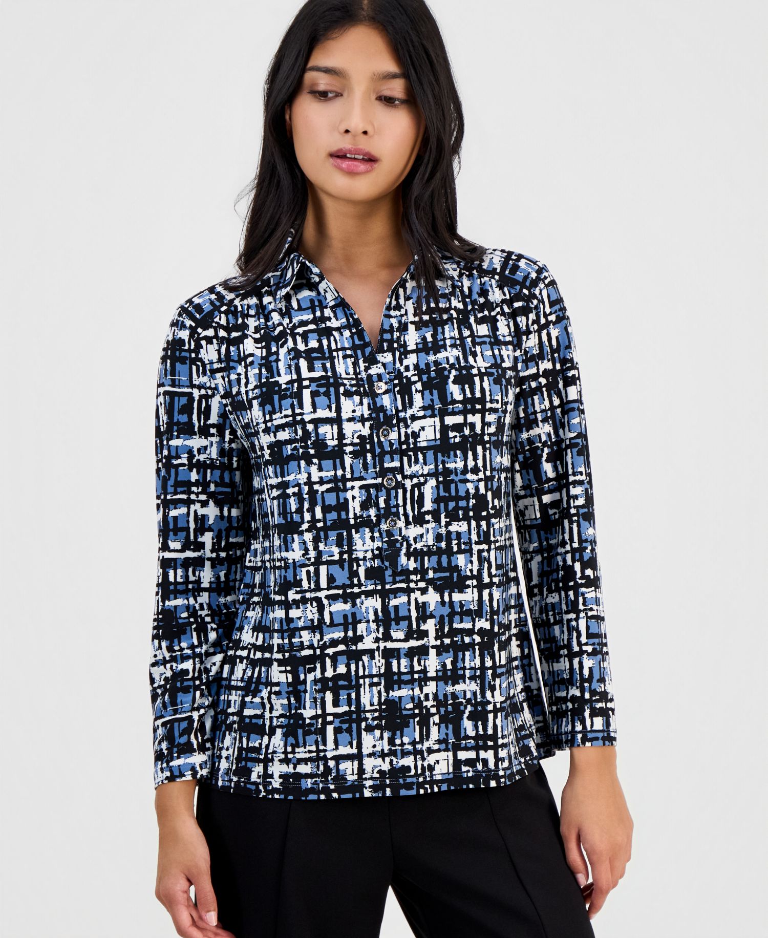Women's Printed Collared 3/4-Sleeve Top
