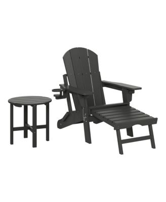 2-Piece Outdoor Folding Adjustable Adirondack Chair with Cup Holder and Hideaway Ottoman and 18" Side Table