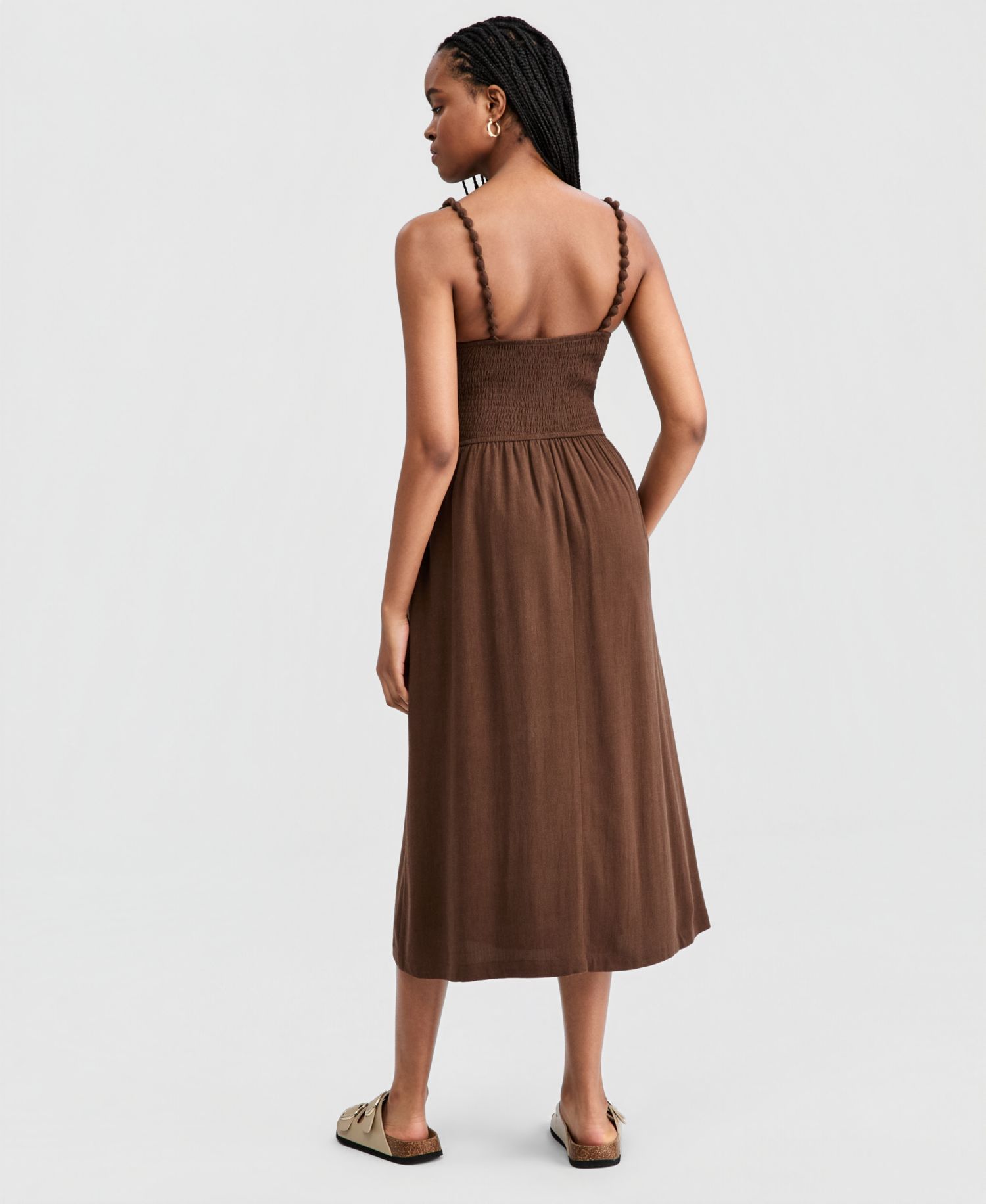Petite Linen-Blend Beaded Strap Smocked Midi Dress