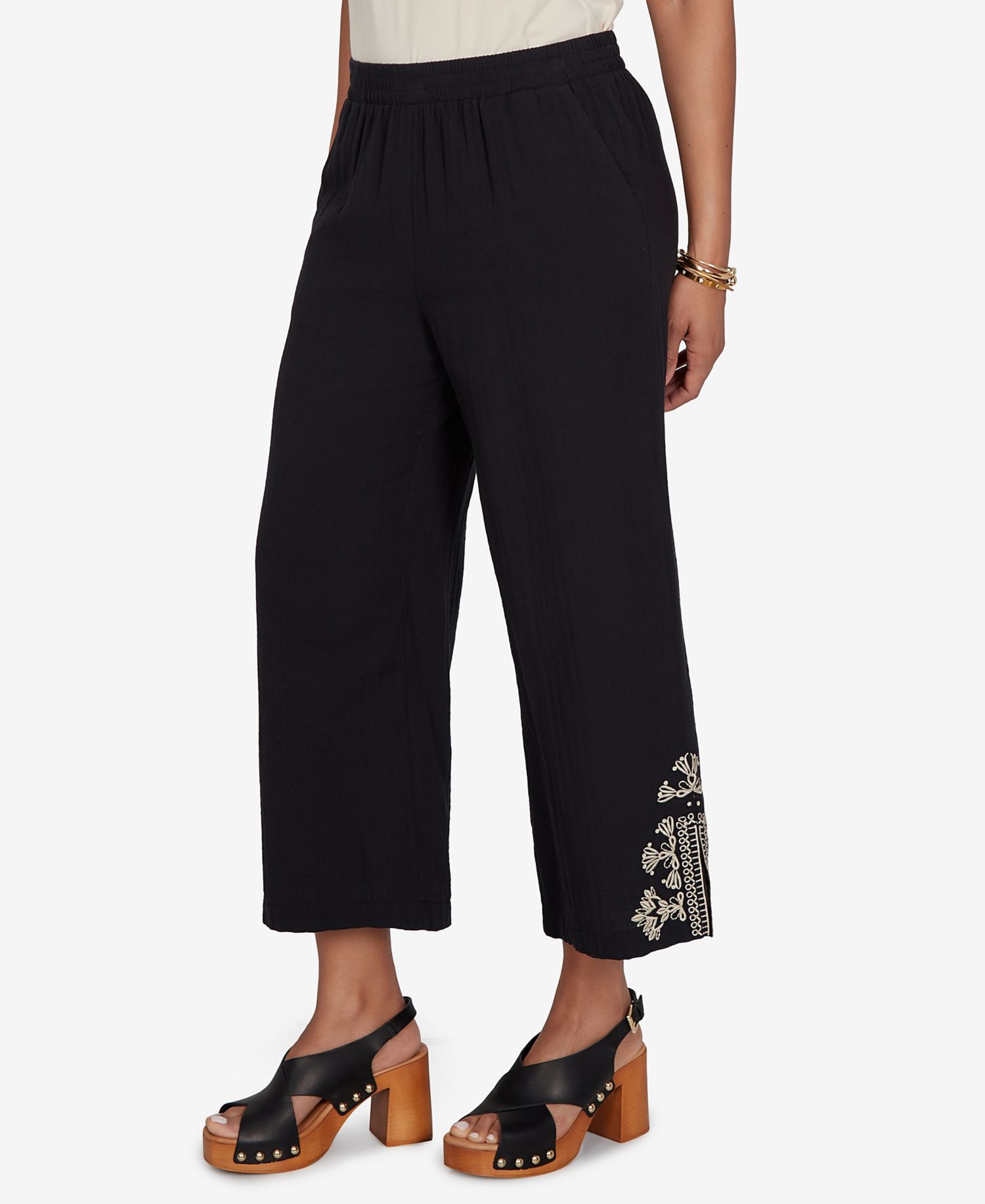 Petite Embroidered Gauze Relaxed Elastic Waistband Pants