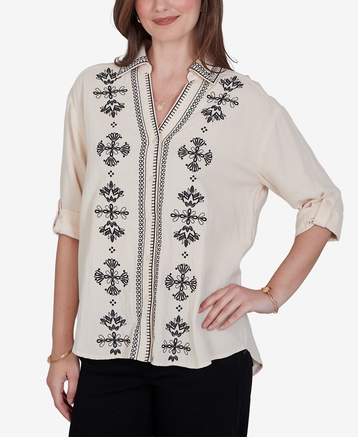 Ruby Rd. Petite Embroidered Gauze Button-Front Top
