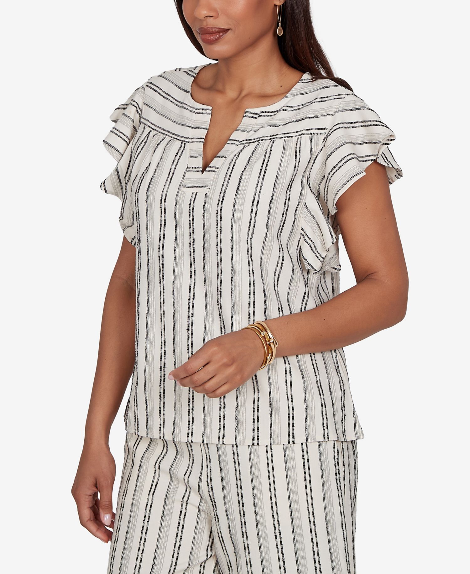 Petite Flutter-Sleeve Textured Stripe Top