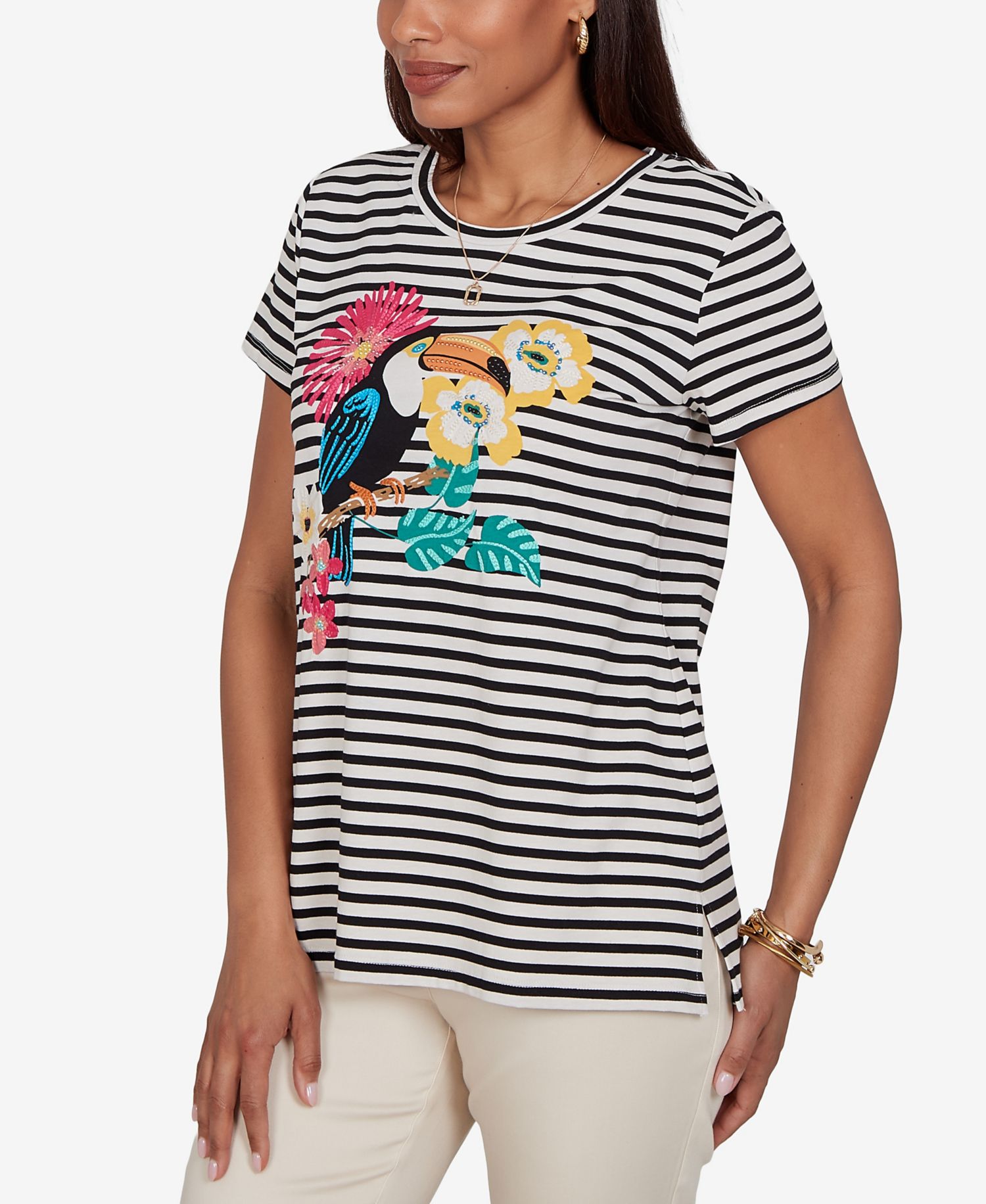 Petite Embellished Toucan Stripe Knit T-Shirt