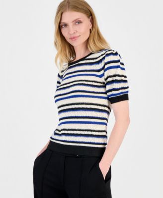 Women's Striped Puff-Sleeve Pointelle-Knit Top