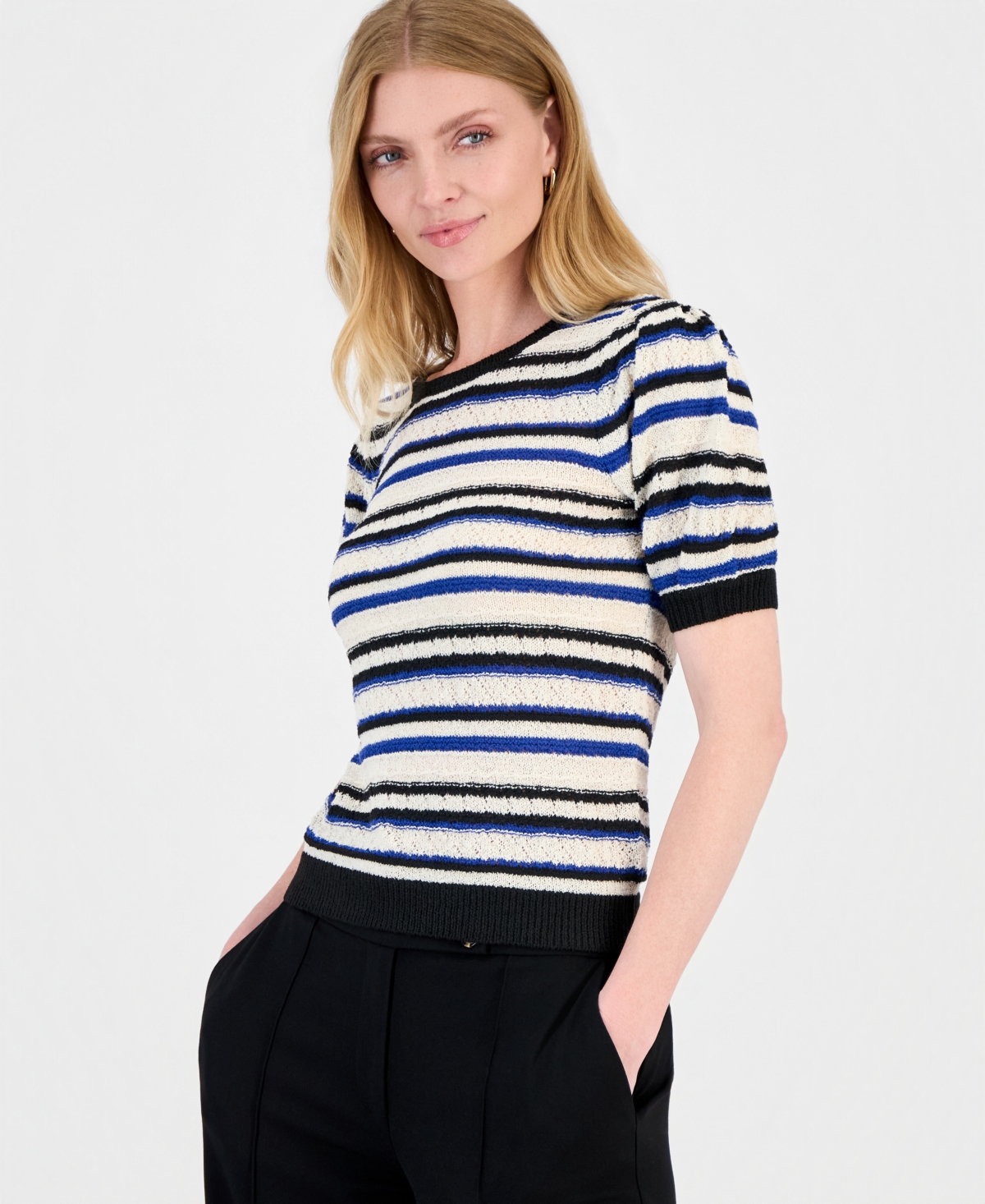 T Tahari Women's Striped Puff-Sleeve Pointelle-Knit Top