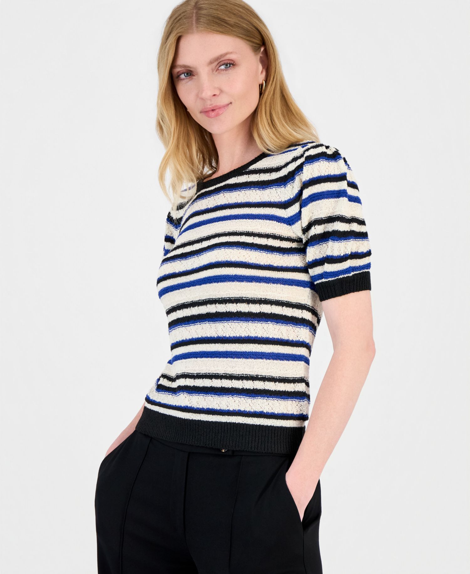 Women's Striped Puff-Sleeve Pointelle-Knit Top