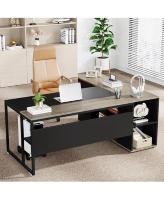 71 inch Executive Desk, L Shaped Desk with Cabinet Storage, Executive Office Desk with Shelves, Business Furniture Set Workstation