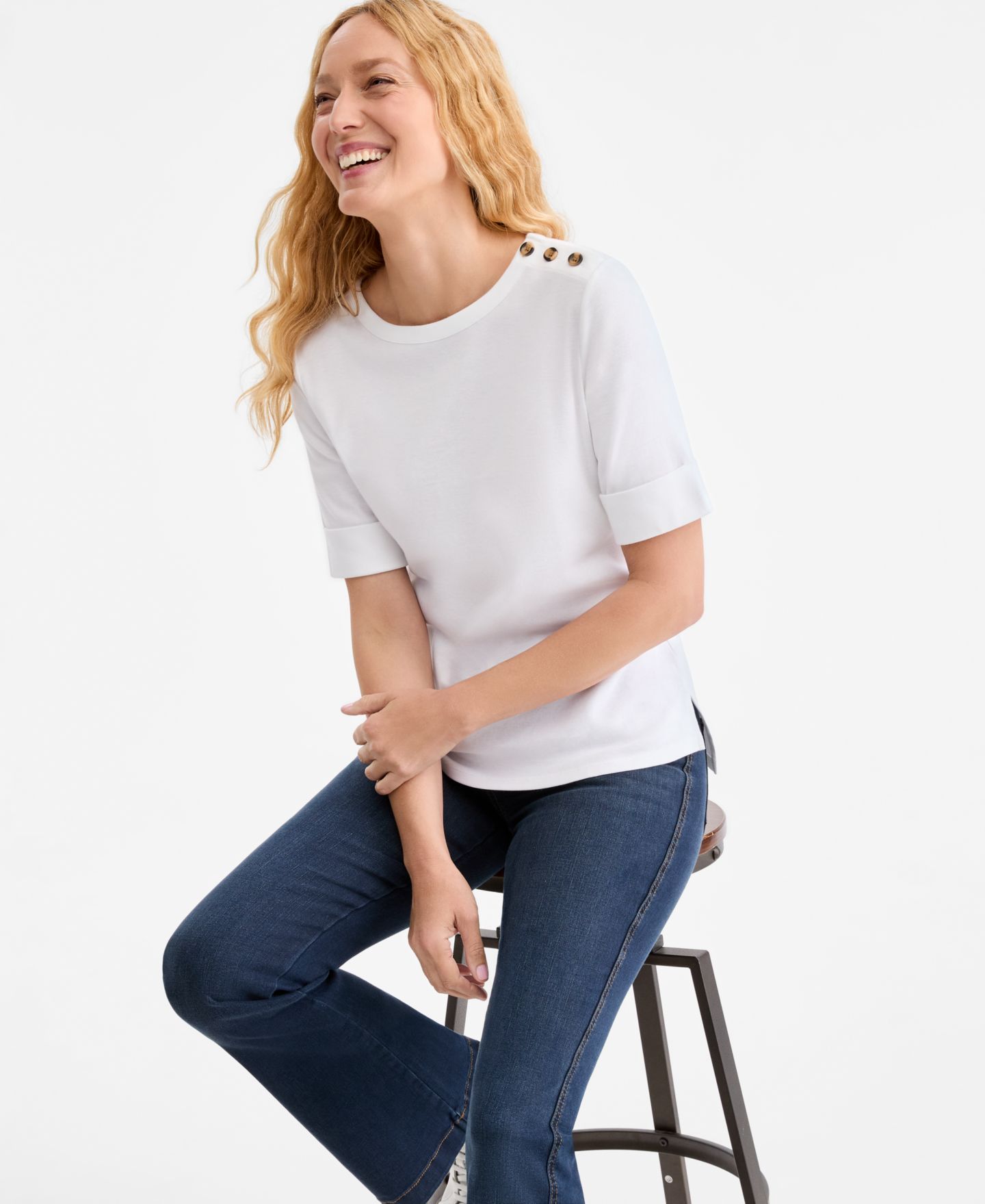 Женский топ Style & Co Pima Cotton Boat-Neck Elbow Sleeve Top, цвет: Яркий белый — фото 2