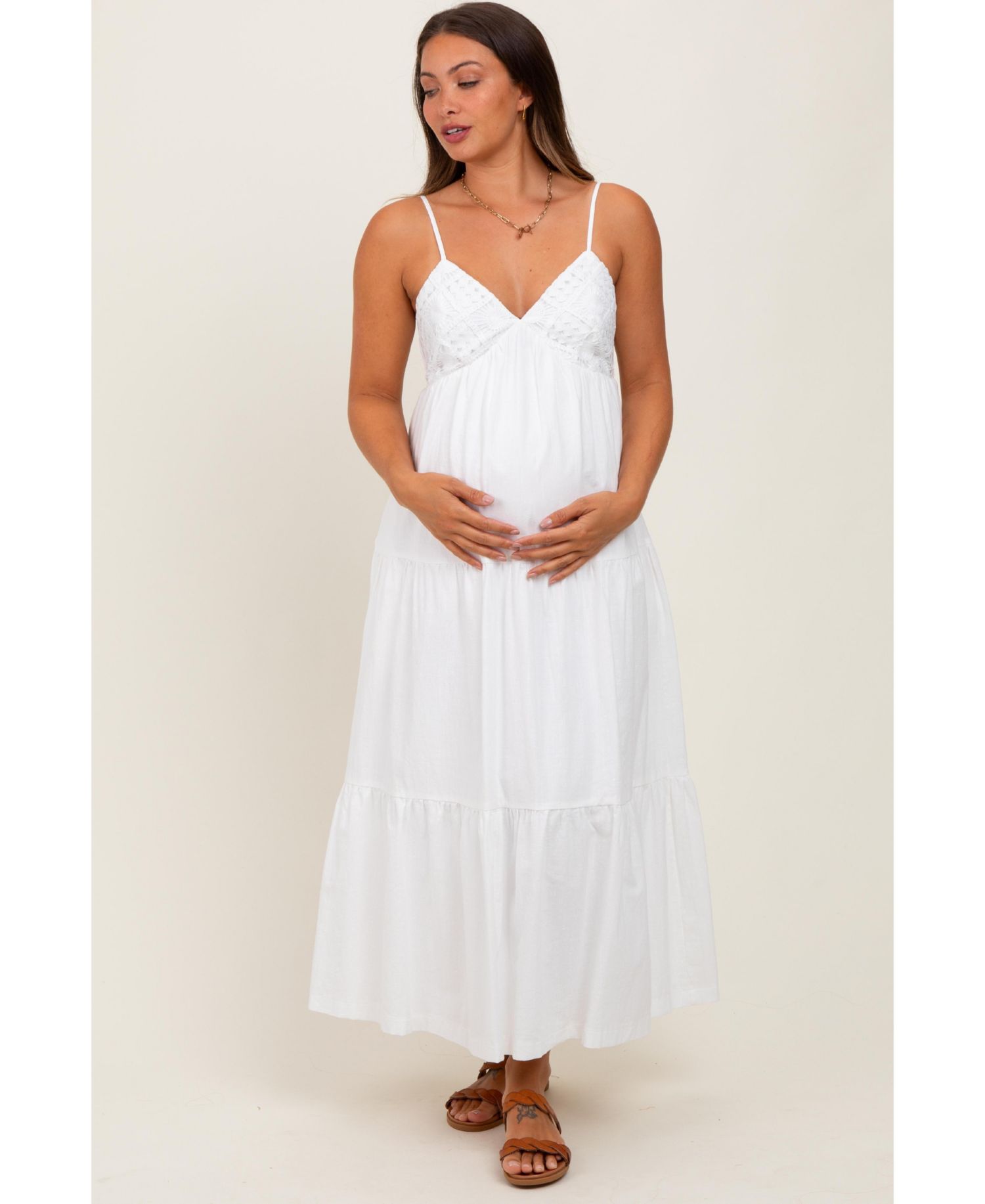 Women's White Crochet Flare Smocked Maxi Dress