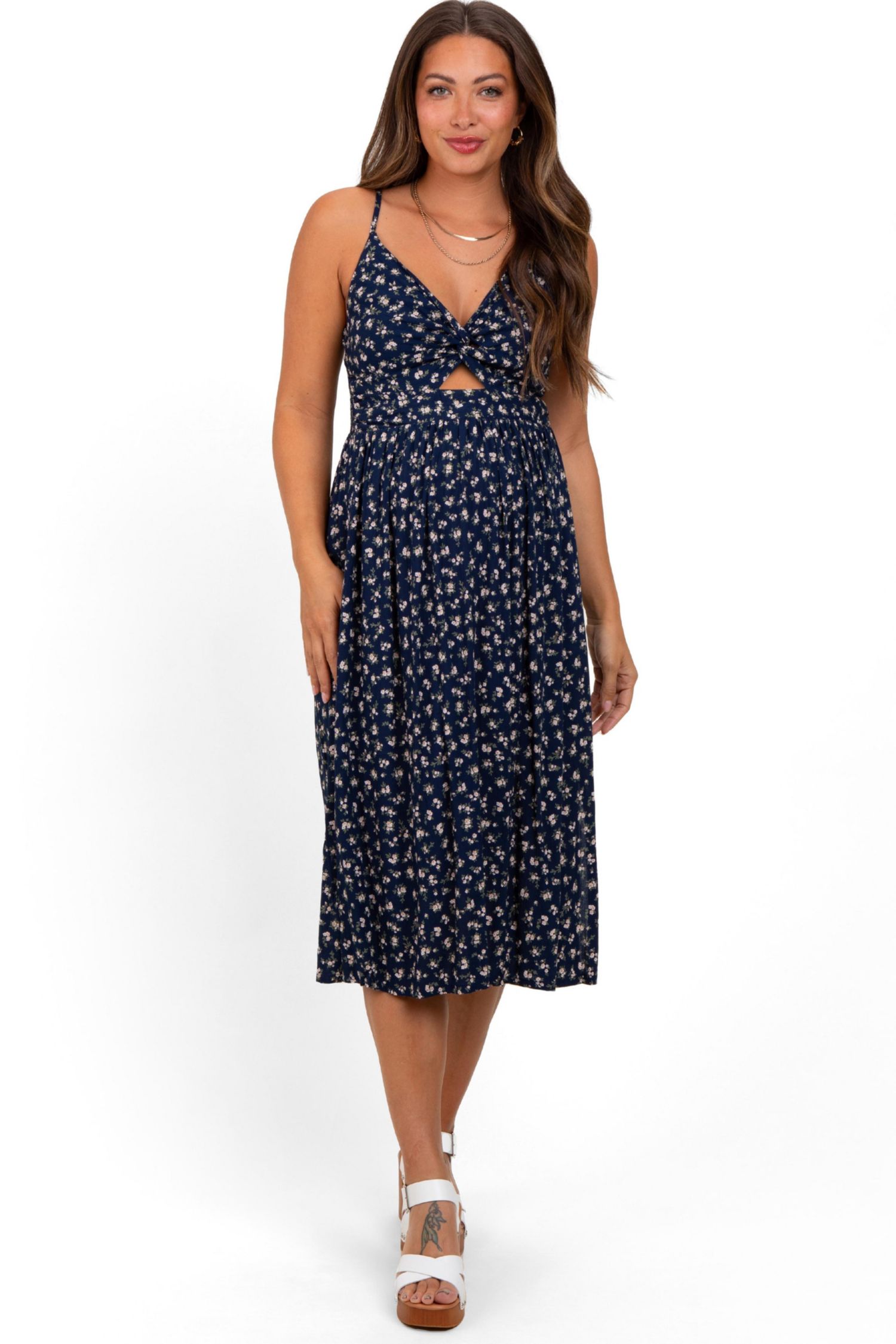 Women's Navy Floral Twist Front Cut Out Midi Dress