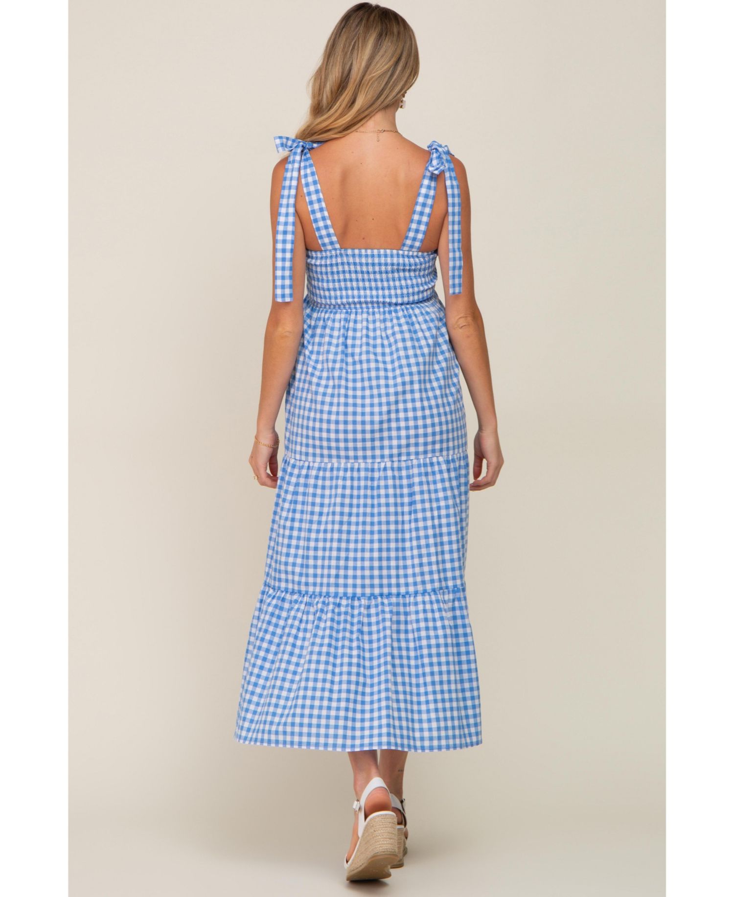 Women's Blue Checkered Sleeveless Tiered Maxi Dress