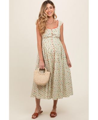 Women's Cream Floral Button Front Sleeveless Maxi Dress