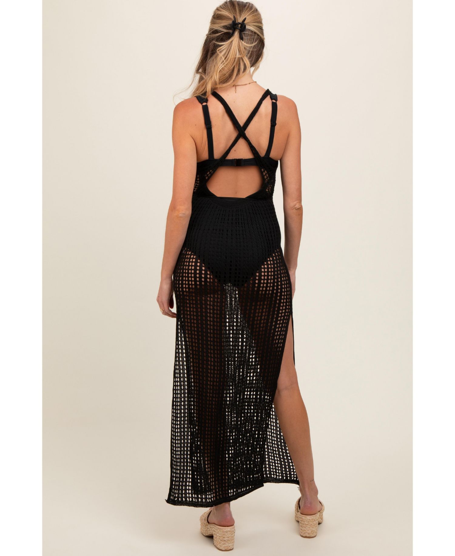Women's Mocha Crochet V-Neck Side Slit Cover Up