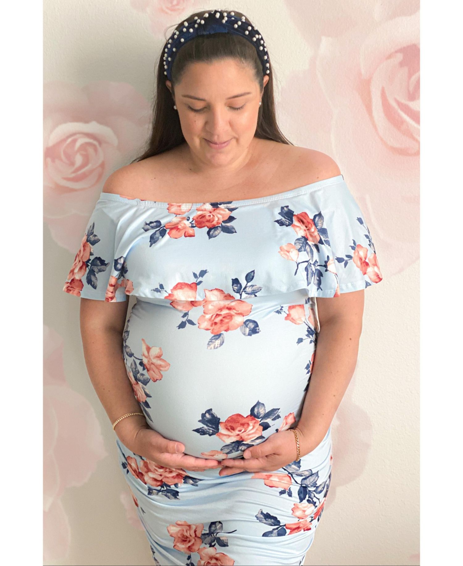Women's Light Blue Rose Print Ruffle Fitted Dress