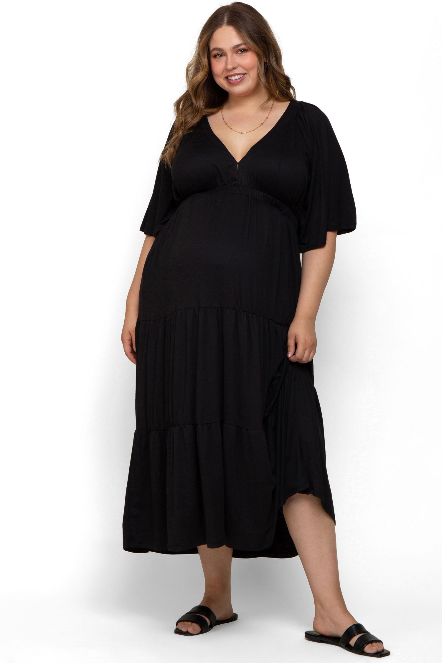 Women's Maternity Deep V-Neck Tiered Maxi Dress