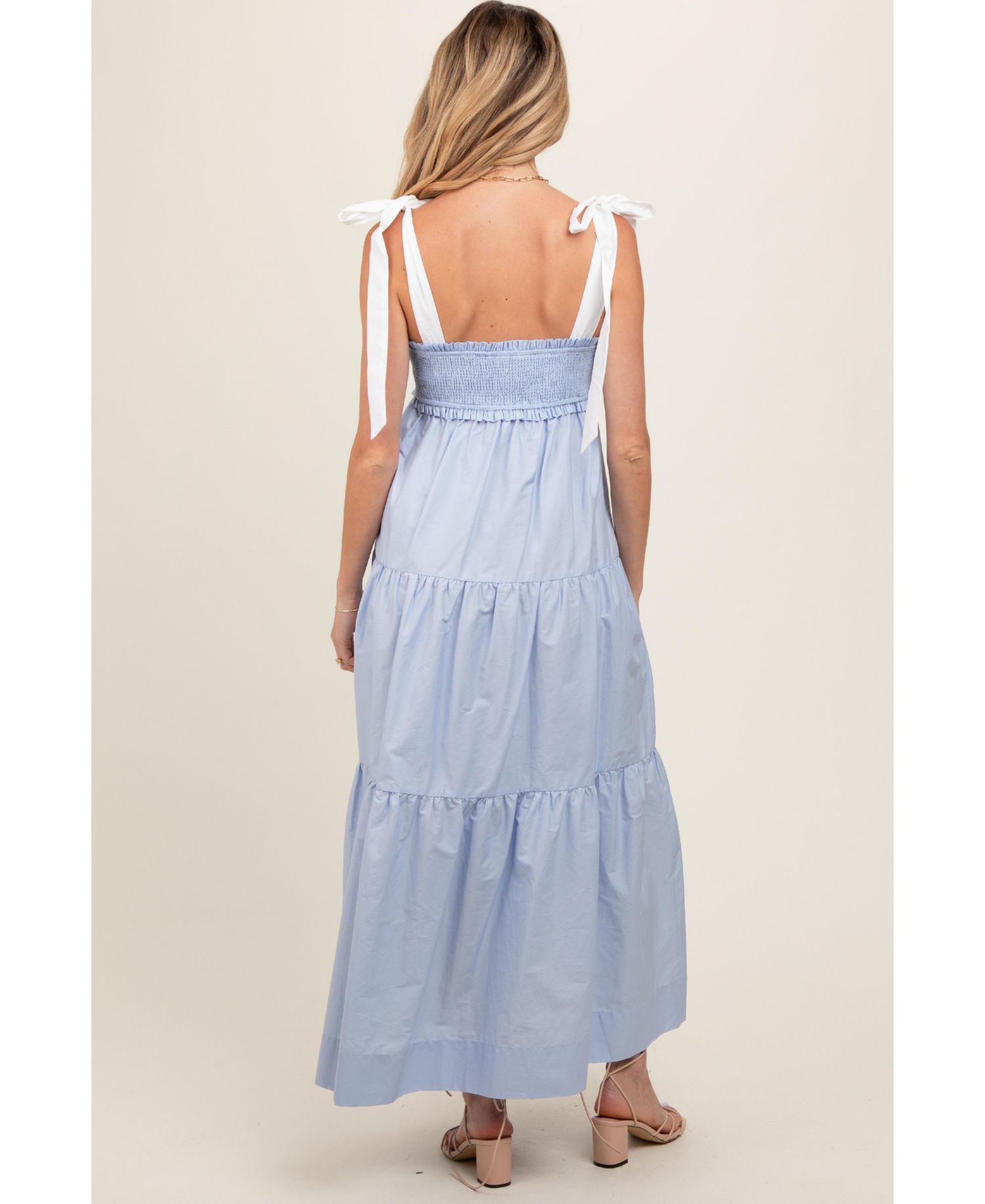 Women's Light Blue Contrast Shoulder Straps Maxi Dress