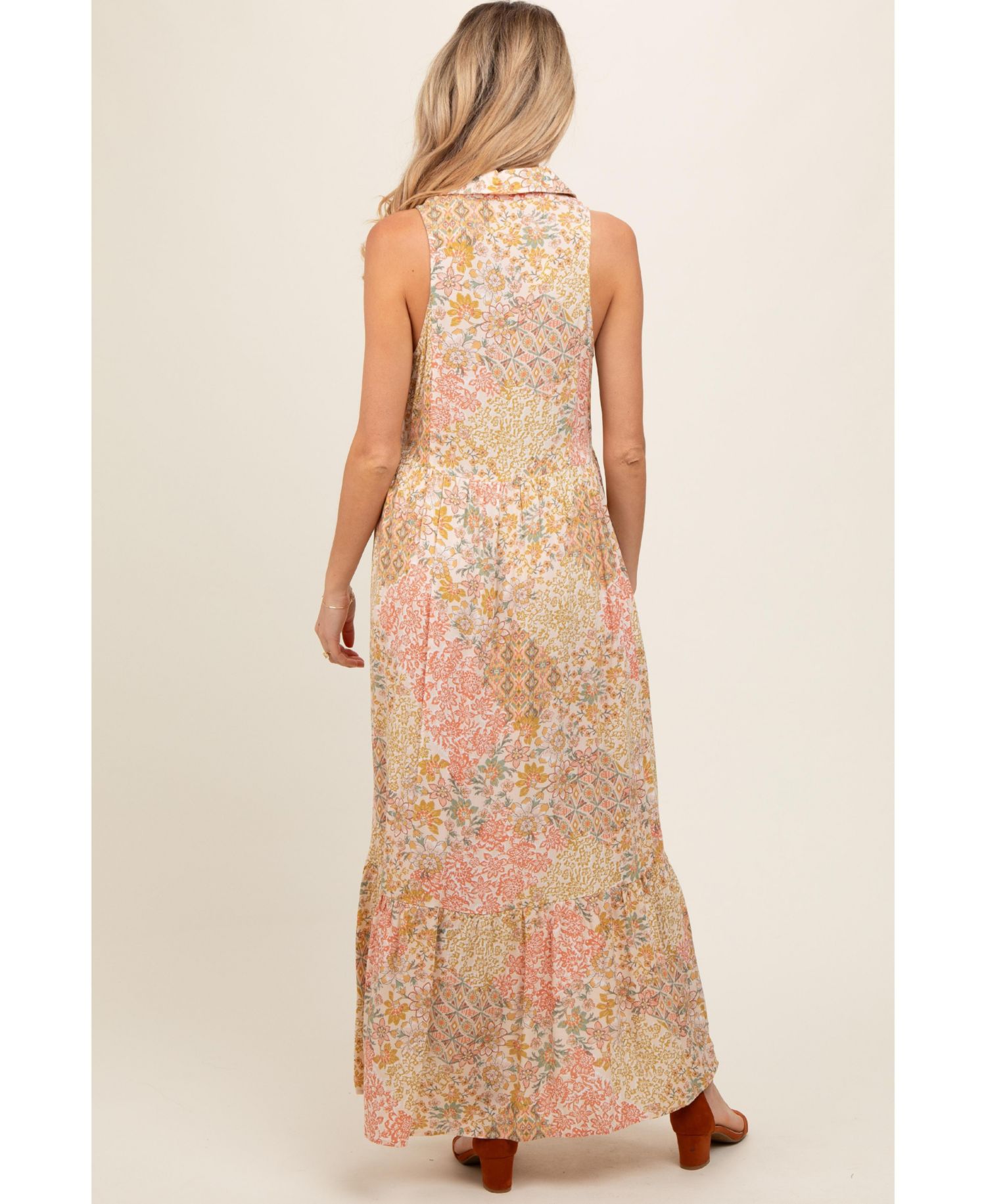 Women's Peach Floral Sleeveless Button Tiered Collared Maxi Dress