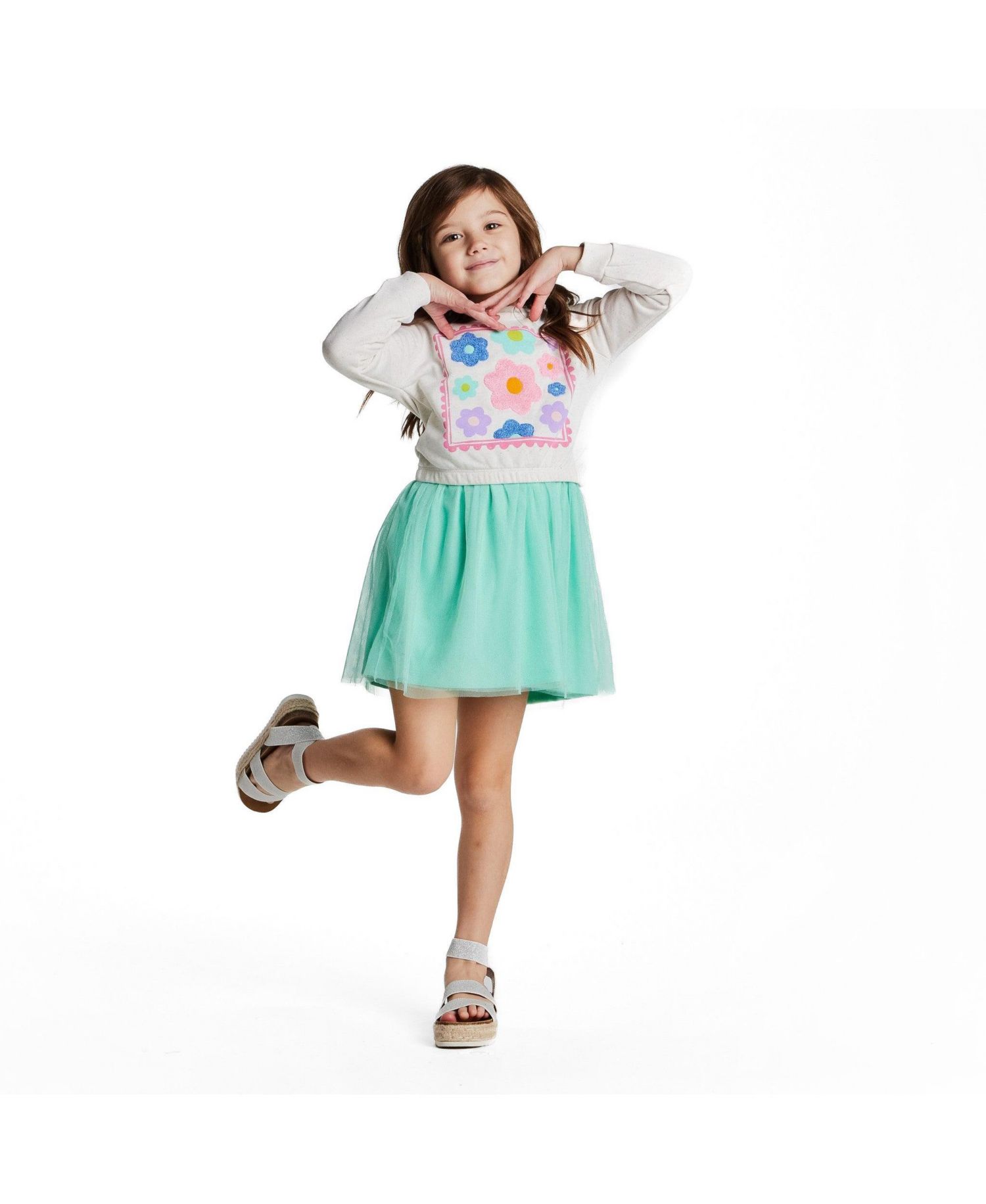 Little Girls Aqua Chenille Floral Sweatshirt and Tulle Tank Dress Set