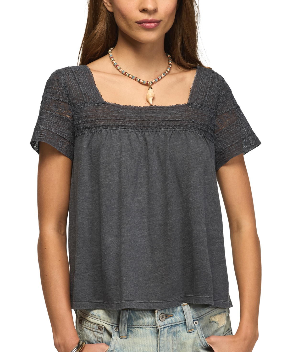 Lucky Brand Women's Square Neck Lace Trim Swing Top