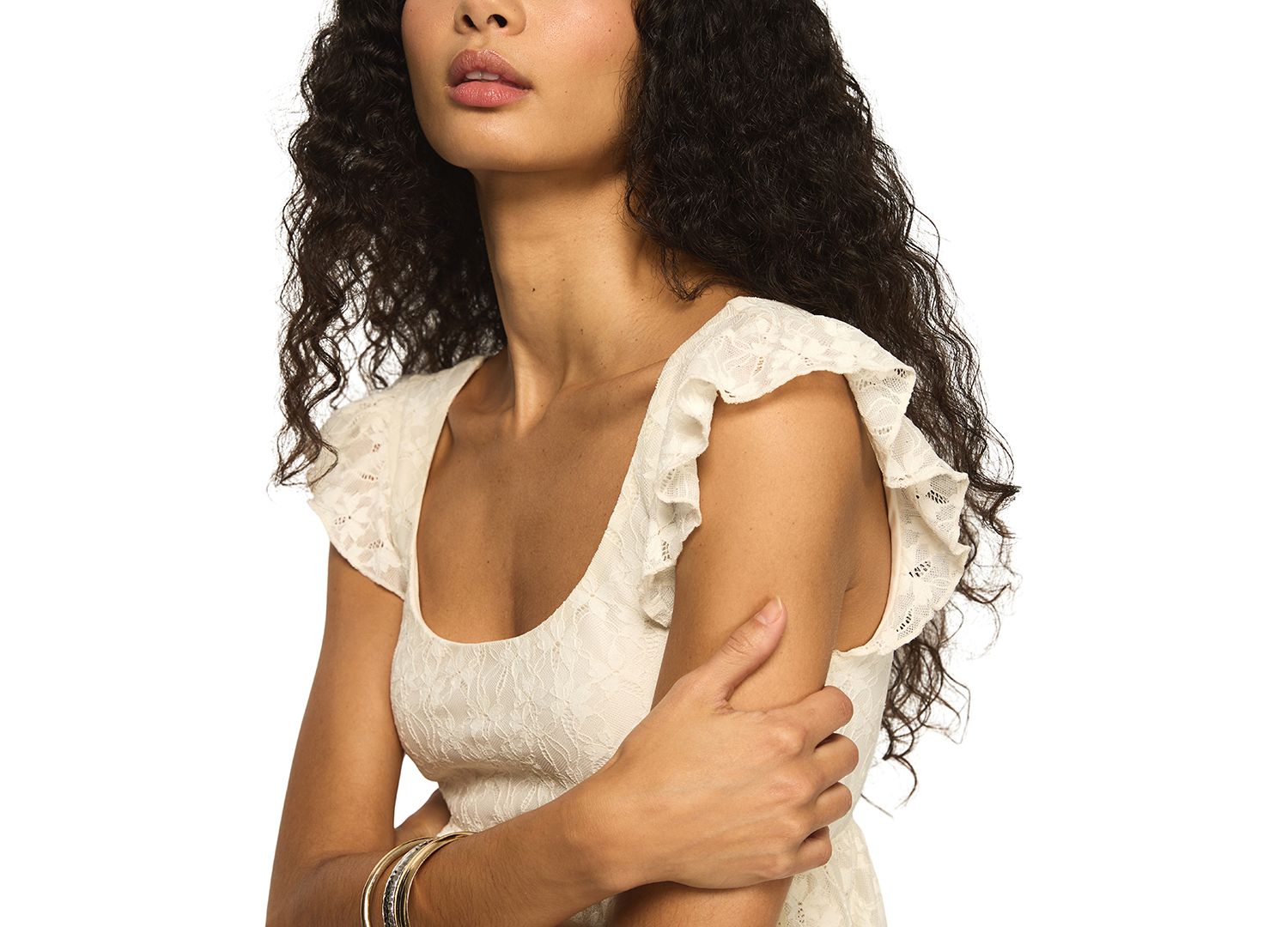 Women's Lace Detail Flutter-Sleeve Scoop Neck Top