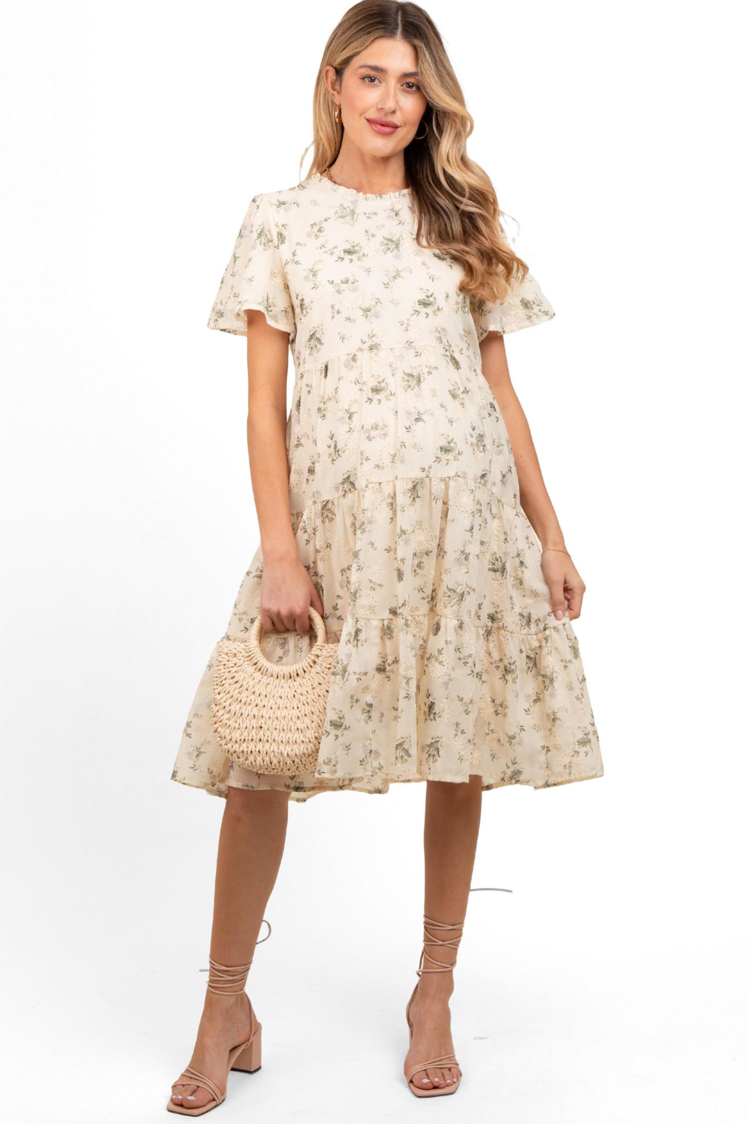 Women's Cream Floral Print Eyelet Lace Dress