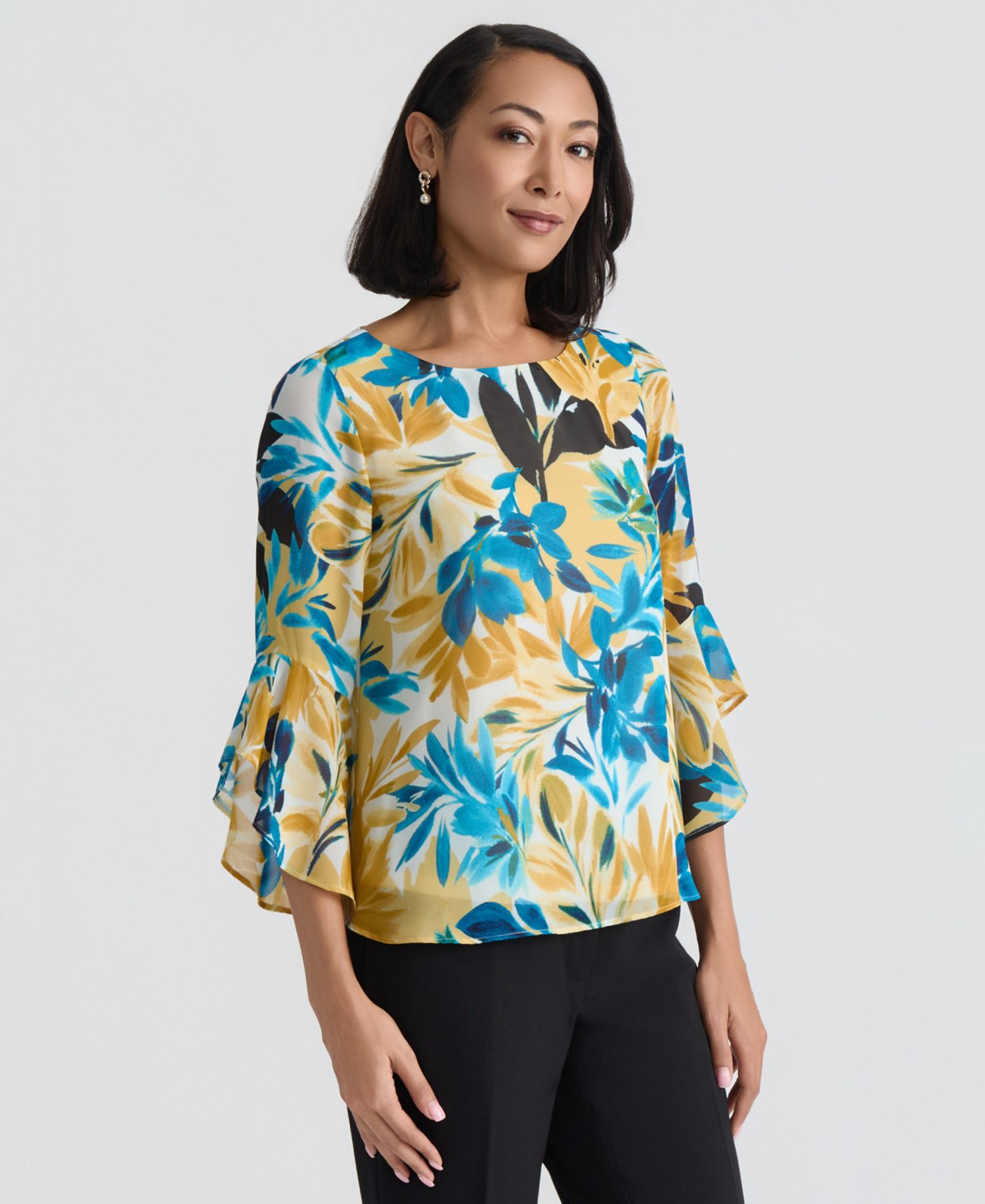 Women's 3/4 Ruffle-Sleeve Printed Boatneck Top, Regular & Petite