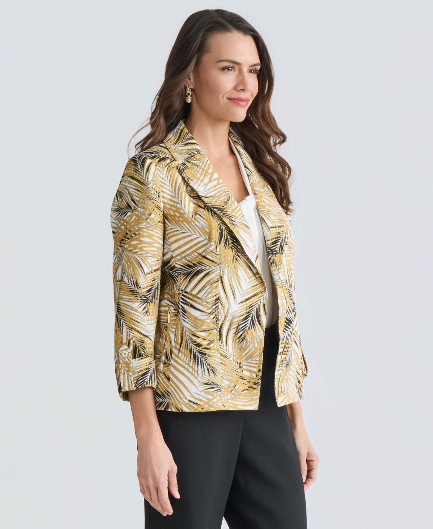 Women's 3/4-Sleeve Open-Front Palm Print Blazer, Regular & Petite