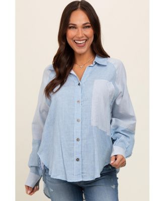 Maternity Light Blue Striped Colorblock Button Up Top