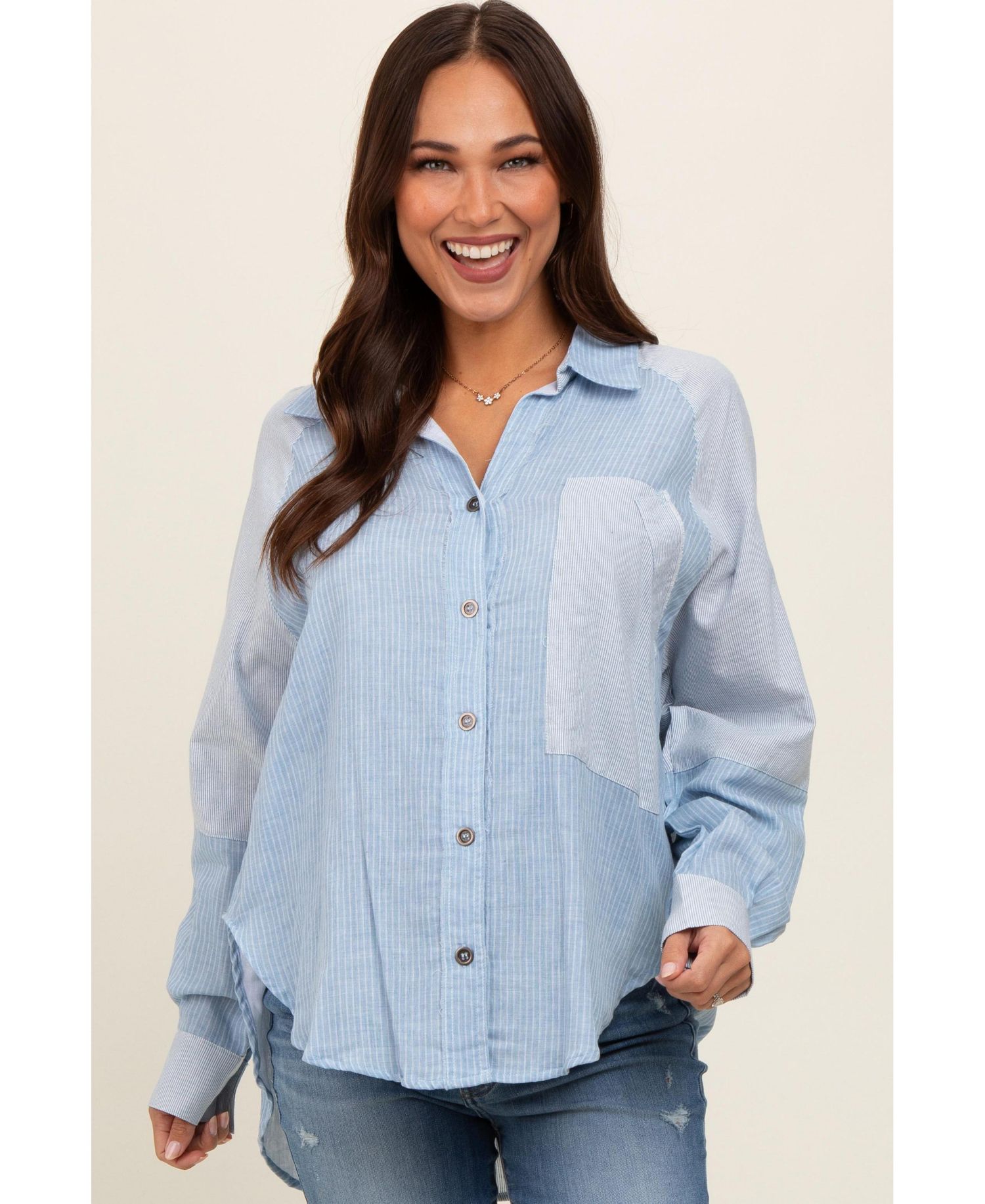 Women's Light Blue Striped Colorblock Button Up Top