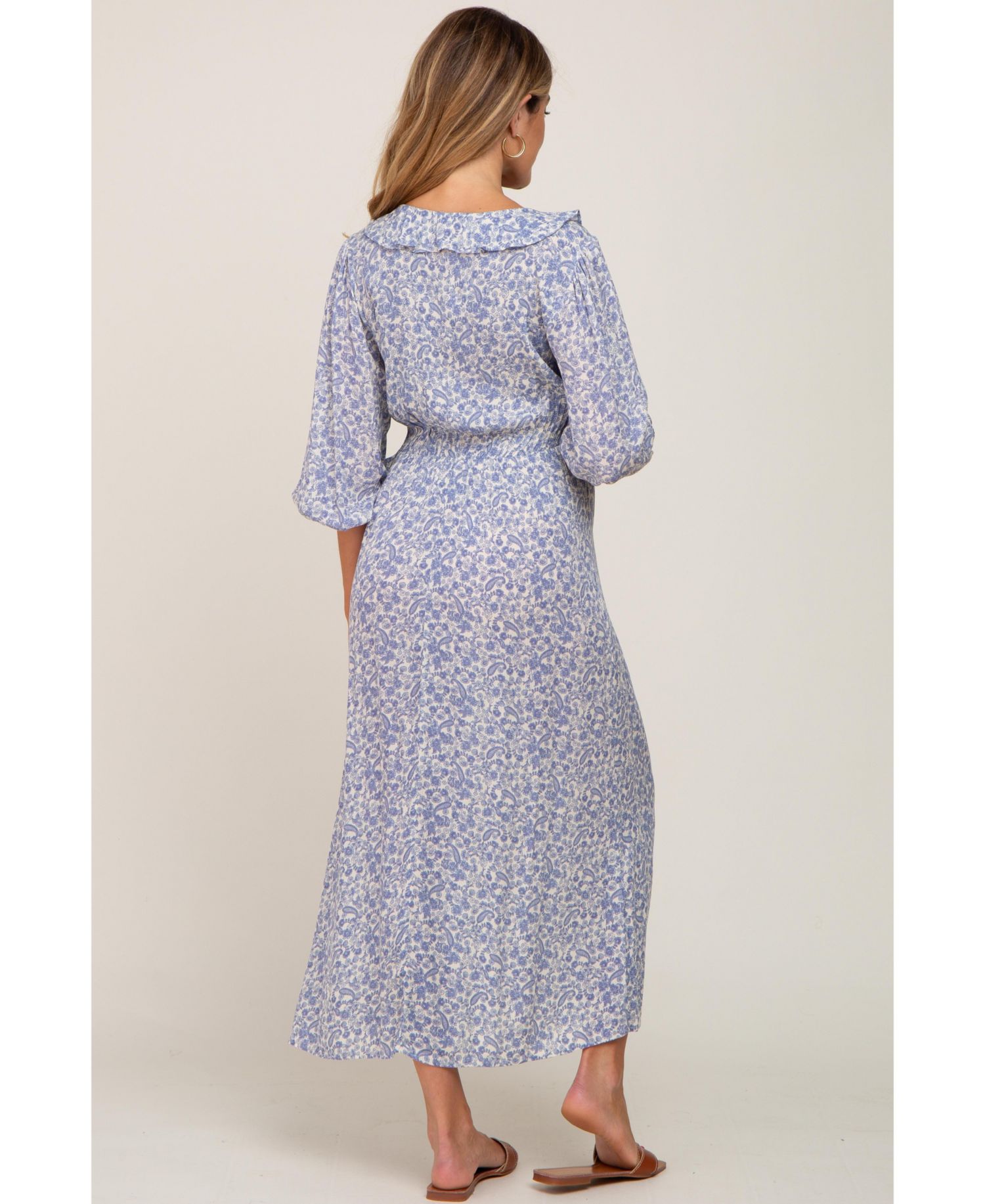 Women's Blue Floral Ruffle V-Neck Midi Dress