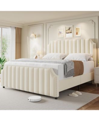 Bed Frame, Tall Headboard & Footboard, Upholstered Platform Bed Frame with Nailhead Trim, No Box Spring Needed