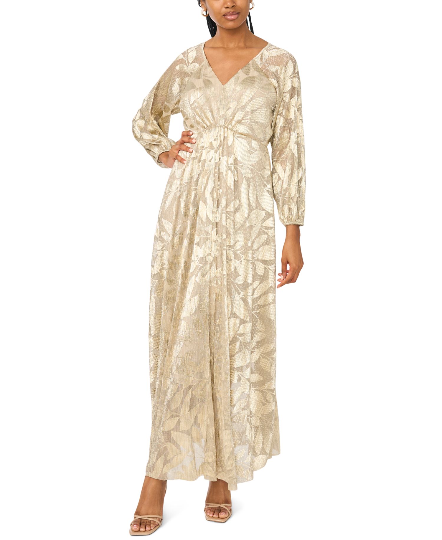 Women's Floral Shimmer Foil Detail V-Neck Gown