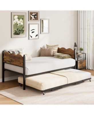 Daybed with Trundle,  Day Bed with Metal Slat Support & Lockable Casters, Wavy Headboard with Wood Grain, Space-Saving Sofa Bed
