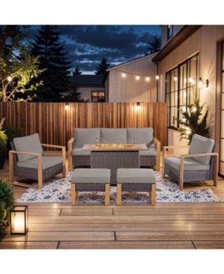 Pieces Patio Furniture Set with Fire Pit Table, Patio Conversation Set Wicker Patio Chair Sofa Ottoman with Rectangular Fire Table