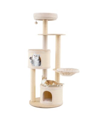 60'' Tall Cat Tree Wooden Kitten Tower With Sisal Scratching Posts and Mat 2 Condos Perch Hammock