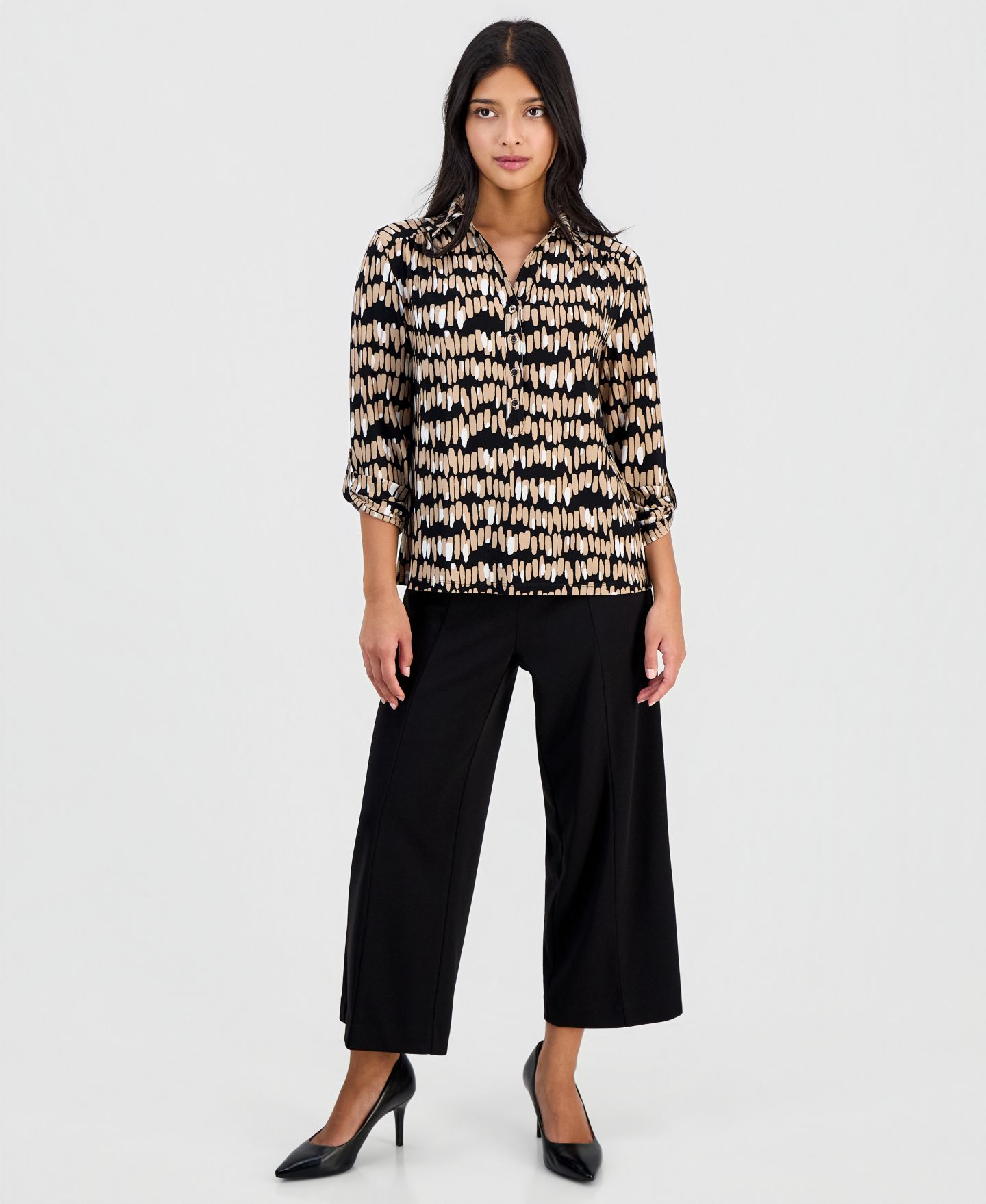 Женский топ Anne Klein Essentials Printed Collared 3/4-Sleeve Top, цвет: Чёрный разноцветный — фото 4