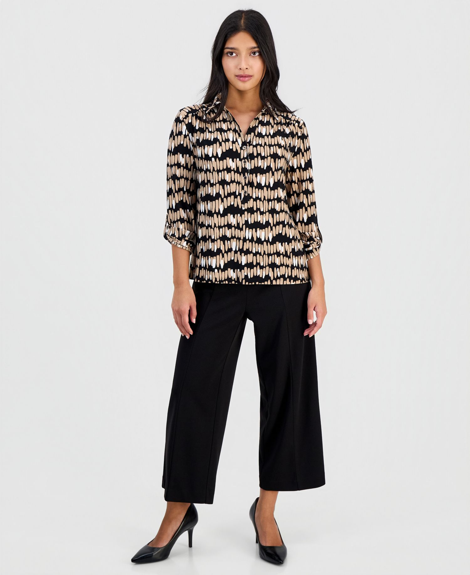 Women's Printed Collared 3/4-Sleeve Top