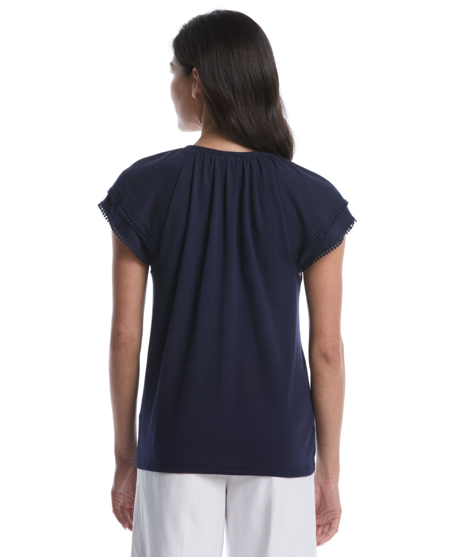 Petite Eyelet Flutter-Sleeve Split Neck Short-Sleeve Top