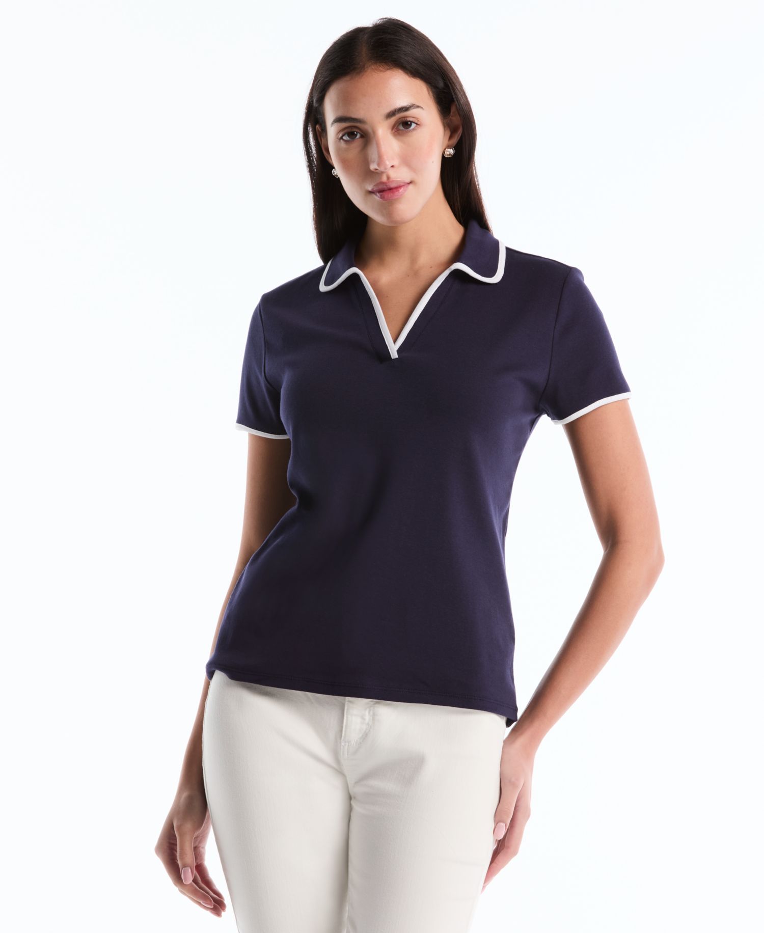Petite Contrast Trim Johnny Collar Polo Shirt
