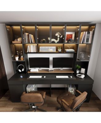 Giant 90.6 Inch 8-Door 4-Drawer Desk ,Aluminum Frame Glass Cabinet, 3-Color LED Lighting, Home Office Conference Table