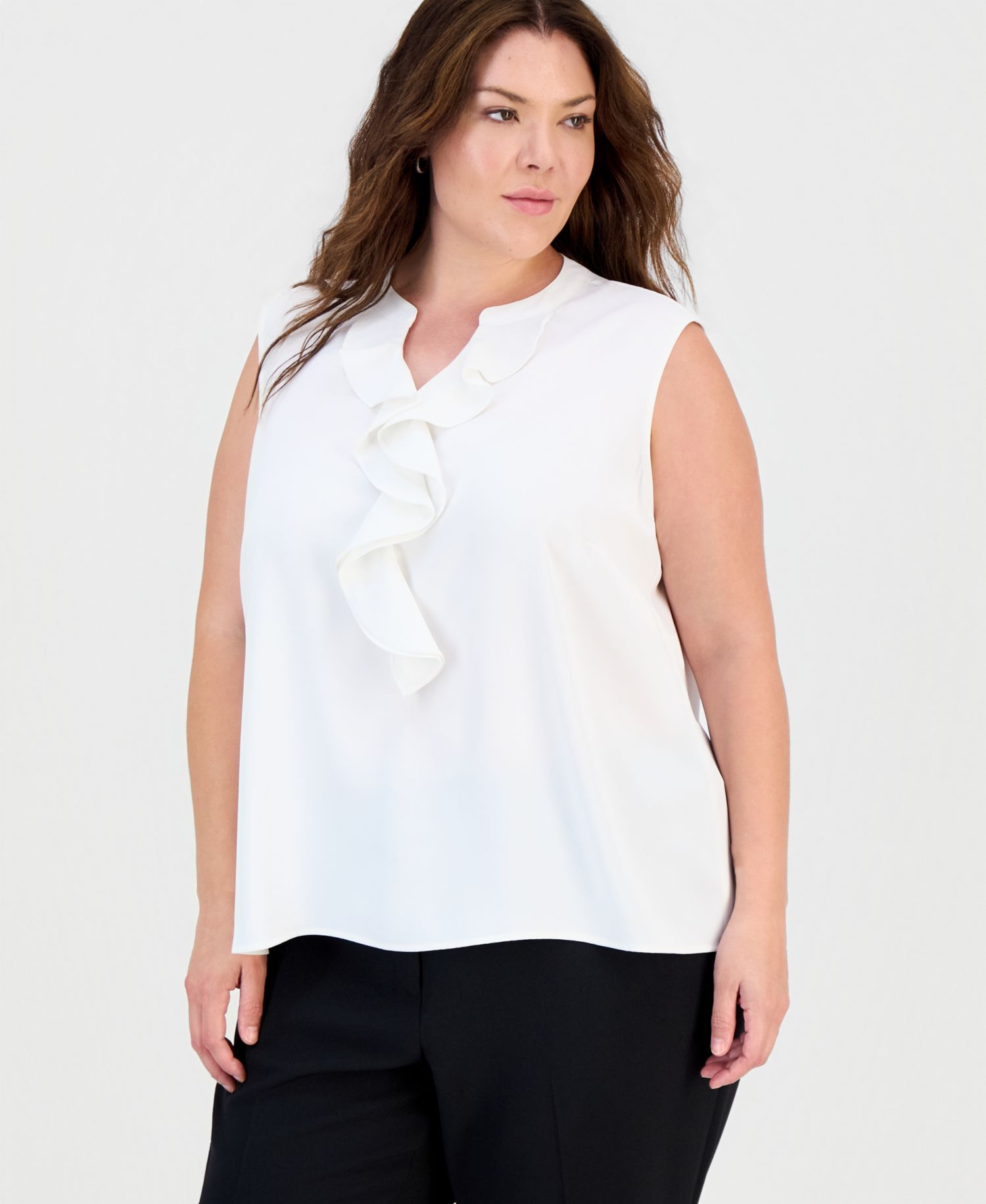 Plus Size Ruffle Split-Neck Sleeveless Top