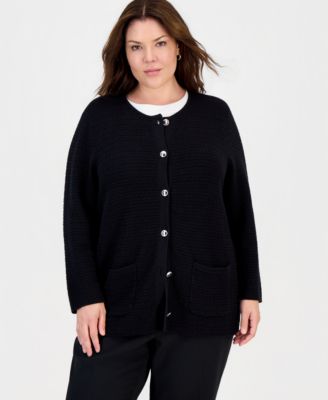 Plus Size Textured Patch-Pocket Crewneck Cardigan