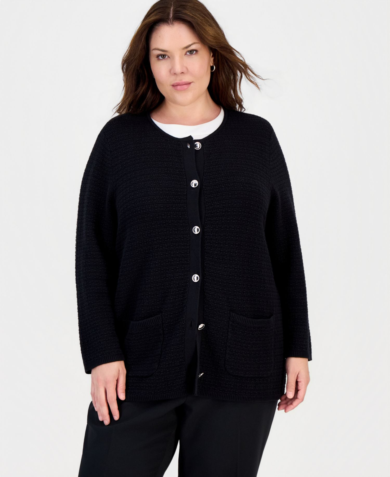 Plus Size Textured-Knit Patch-Pocket Cardigan