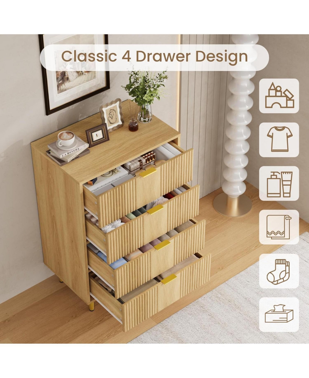 gaomon Fluted 4-Drawer Dresser, 36.9" Tall Modern Wooden Chest with Metal Handles for Bedroom, Living Room, Hallway